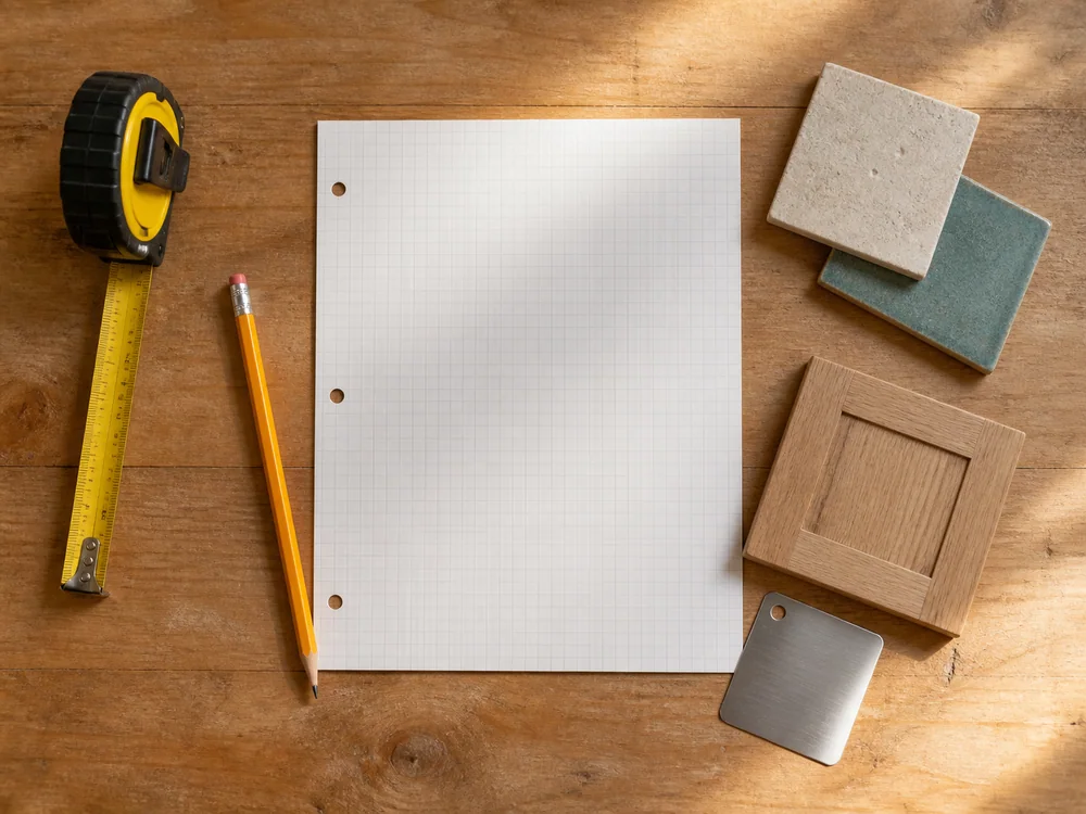 Bathroom planning materials with tile samples, a tape measure, pencil and blank graph paper.