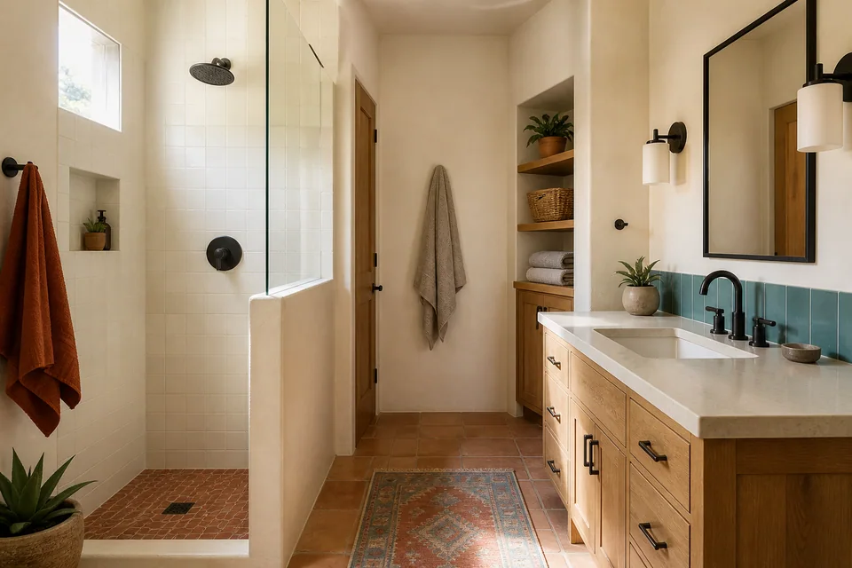 Warm Southwestern bathroom concept with a walk-in shower, vanity and practical storage.