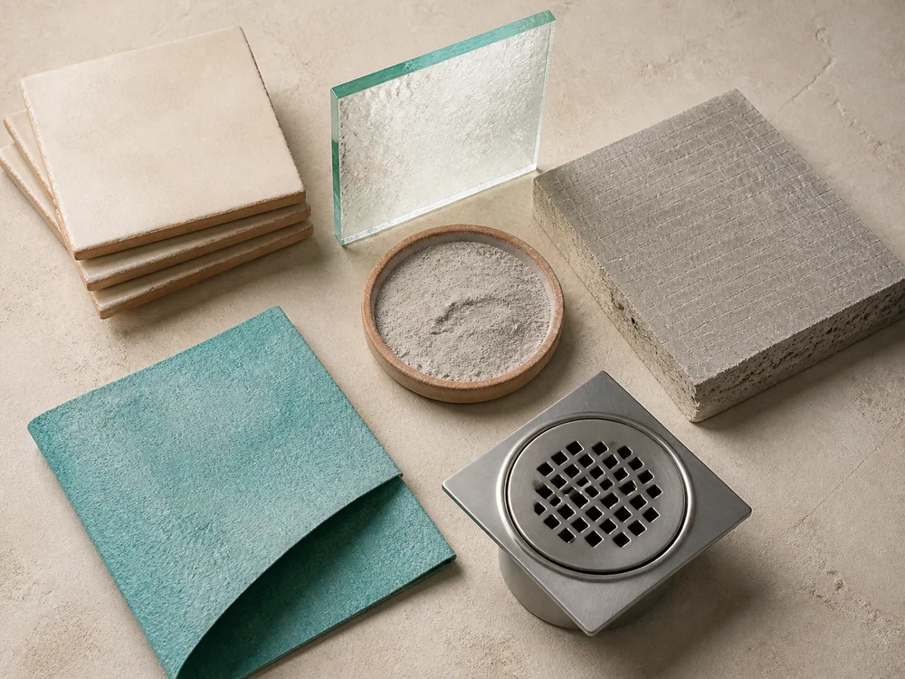Unbranded shower material samples including tile, glass, backing and water-management material.